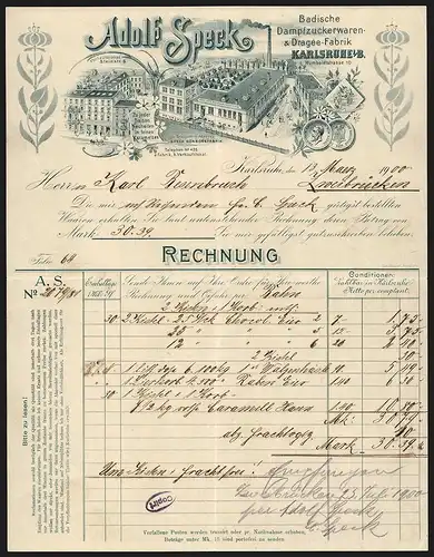 Rechnung Karlsruhe i. B. 1900, Adolf Speck, Badische Dampfzuckerwaren und Dragée-Fabrik, Humboldtstr. 10, Werkansicht
