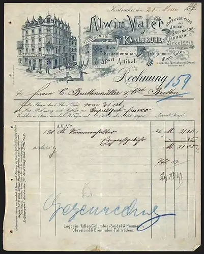 Rechnung Karlsruhe 1897, Alwin Vater, Sämmtliche Fahrradutensilien & Sport-Artikel, Ladenansicht
