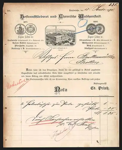 Rechnung Karlsruhe 1891, Hofkunstfärberei und Chemische Waschanstalt, Werkansicht und Auszeichnungen
