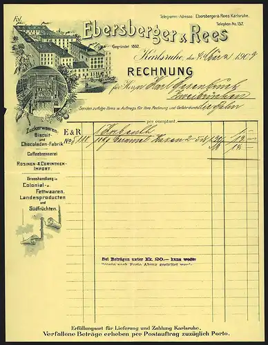 Rechnung Karlsruhe 1903, Ebersberger & Rees, Zucker- und Chocoladen-Waaren, Colonialimport, Ladenansicht, Verkaufsraum