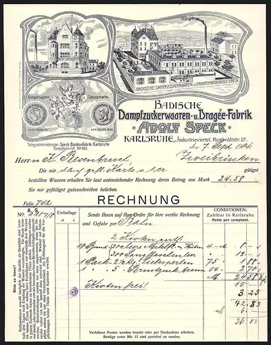 Rechnung Karlsruhe 1904, Adolf Speck, Badische Zuckerwaaren- und Dragée-Fabrik, Werkansicht und Auszeichnungen