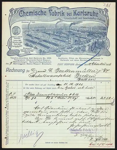 Rechnung Rüppurr /Karlsruhe 1906, Chemische Fabrik bei Karlsruhe GmbH, Werkansicht und Auszeichnungen