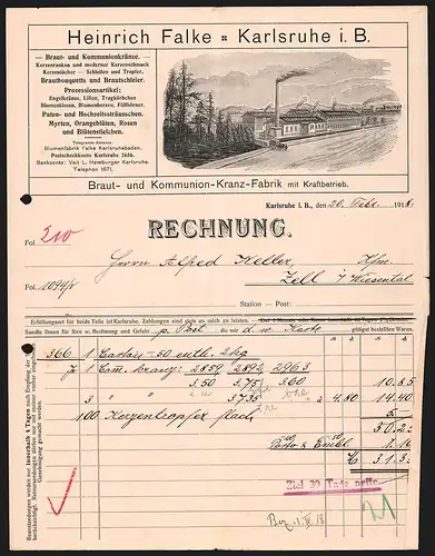 Rechnung Karlsruhe i. B. 1918, Heinrich Falke, Braut- und Kommunion-Kranz-Fabrik, Werkansicht