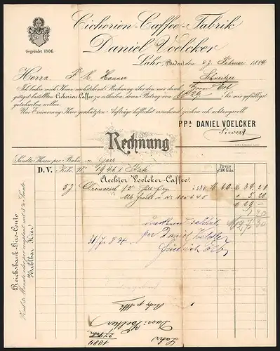 Rechnung Lahr (Baden) 1884, Daniel Voelcker Cichorien-Caffee-Fabrik, Firmenwappen