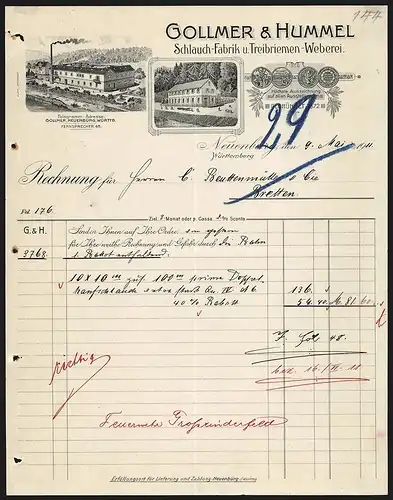 Rechnung Neuenbürg 1911, Gollmer & Hummel Schlauch-Fabrik und Treibriemen-Weberei, Werkansichten und Auszeichnungen
