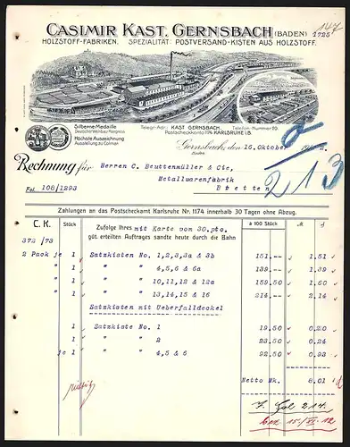 Rechnung Gernsbach 1912, Casimir Kast Holzstoff-Fabriken, Werkansichten und Auszeichnungen