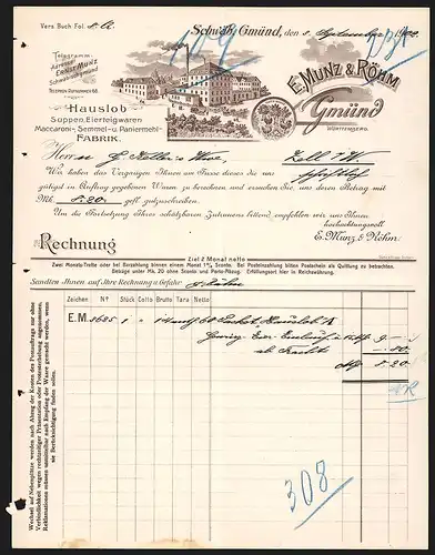 Rechnung Schwäb. Gmünd 1902, E. Münz & Röhm Suppen- und Eierteigwaren-Fabrik, Werkansicht und Hühner