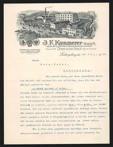 Rechnung Ludwigsburg 1912, J. F. Kammerer GmbH, Chemische Fabrik, Werkansicht und Auszeichnungen