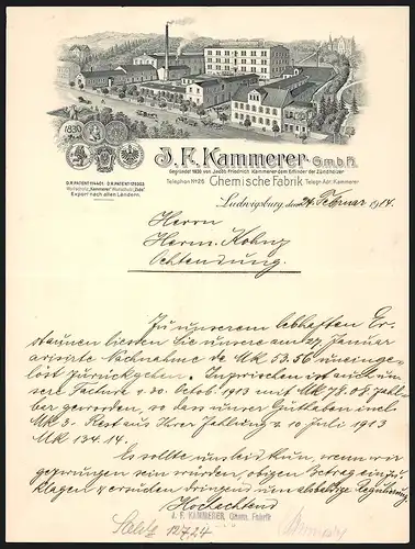 Rechnung Ludwigsburg 1914, J. F. Kammerer GmbH, Chemische Fabrik, Werkansicht und Auszeichnungen