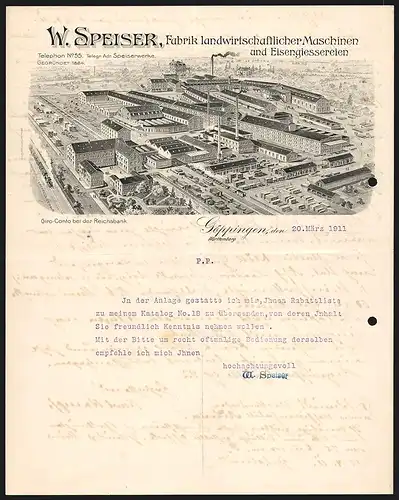 Rechnung Göppingen 1911, W. Speiser Fabrik landwirtschaftlicher Maschinen und Eisengiessereien, Werkansicht