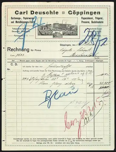 Rechnung Göppingen 1915, Carl Deutschle Cartonnage-, Papierwaren- und Metallklammern-Fabrik, Werkansicht