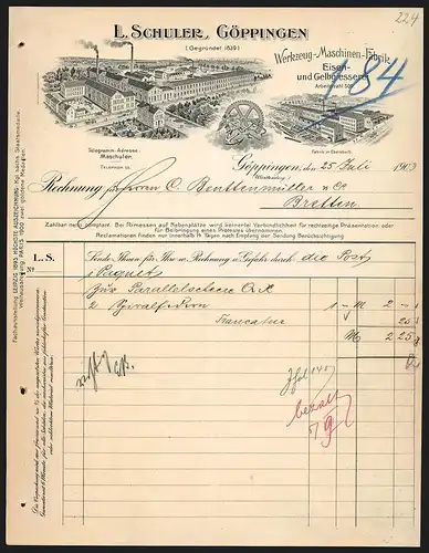 Rechnung Göppingen 1903, L. Schuler Werkzeug-Maschinen-Fabrik, Eisen- & Gelbgiesserei, Werkansichten und Zahnrad