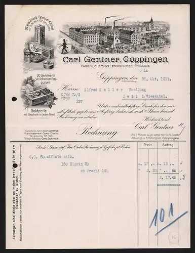 Rechnung Göppingen 1911, Carl Gentner Fabrik chemisch-technischer Producte, Werkansicht und Produkte