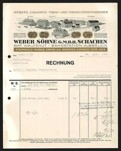 Rechnung Schachen 1929, Weber Söhne GmbH Zigarren-, Tabak- und Tabakextraktfabriken, Werkansichten und Auszeichnungen