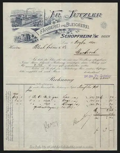 Rechnung Schopfheim i. W. 1900, Fr. Jutzler Färberei und Bleicherei, Werkansichten