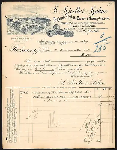 Rechnung Furtwangen 1896, S. Siedle & Söhne Telegraphen-Fabrik, Bronze- & Messing-Giesserei, Werkansicht und Medaillen