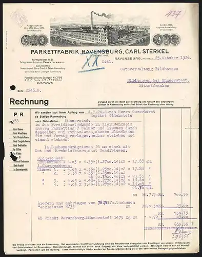 Rechnung Ravensburg 1926, Carl Sterkel Parkettfabrik, Werkansicht und Auszeichnungen