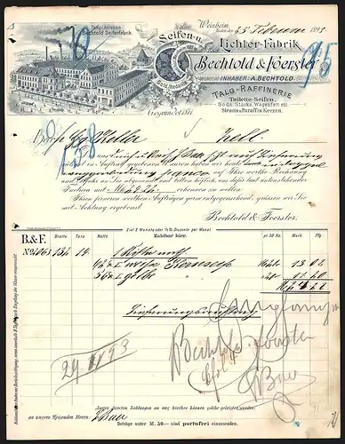 Rechnung Weinheim /Baden 1893, Bechtold & Foerster Seifen- und Lichter-Fabrik, Werkansicht und Medaille