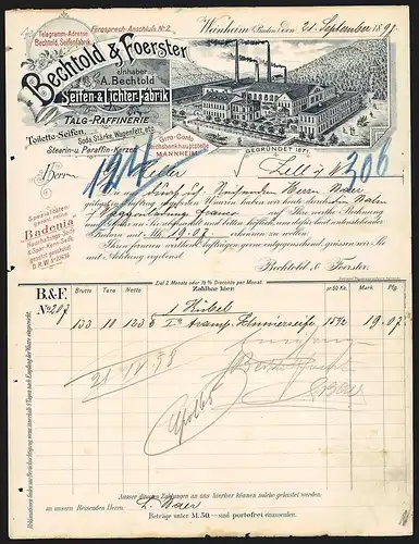 Rechnung Weinheim /Baden 1898, Bechtold & Foerster Seifen- und Lichter-Fabrik, Talg-Raffinerie, Werkansicht