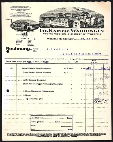 Rechnung Waiblingen-Stuttgart 1929, Fr. Kaiser Fabrik medicin. diätetischer Präparate, Werkansichten