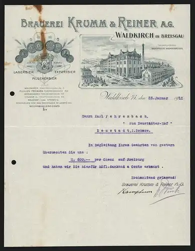 Rechnung Waldkirch i. B. 1912, Brauerei Krumm & Reiner AG, Werkansicht und Auszeichnungen