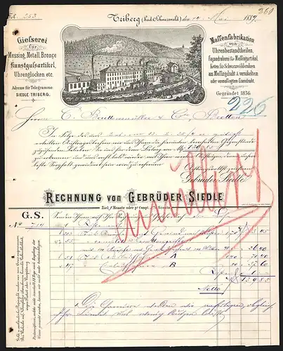 Rechnung Triberg 1889, Gebrüder Siedle Massenfabrikation von Uhrenbestandtheilen, Werkansicht