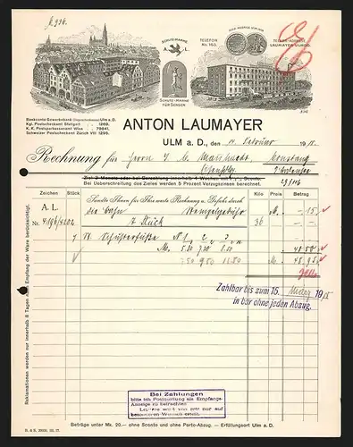 Rechnung Ulm a. D. 1918, Anton Laumeyer, Werk- und Ladenansicht, Auszeichnungen