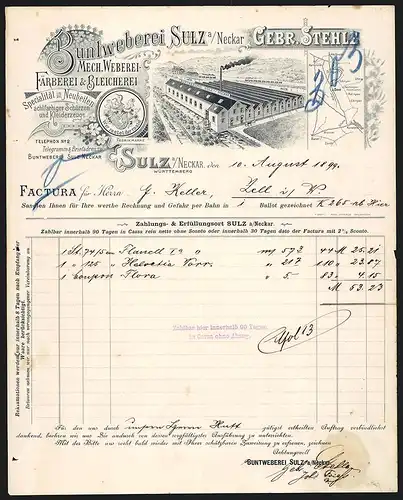 Rechnung Sulz a. Neckar 1899, Gebr. Stehle Buntweberei, Färberei, Bleicherei, Fabrik aus der Vogelschau