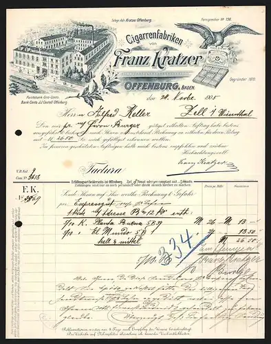 Rechnung Offenburg /Baden 1905, Franz Kratzer Cigarrenfabrik, Blick auf die Manufaktur mit Strassenbahn