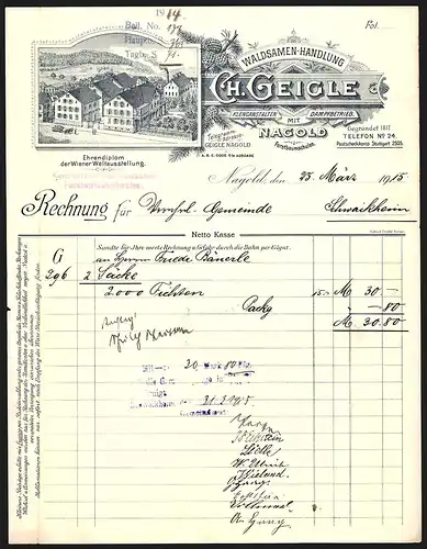 Rechnung Nagold 1915, Ch. Geigle Waldsamen-Handlung, Klenganstalten mit Dampfbetrieb, Blick auf die Baumschule
