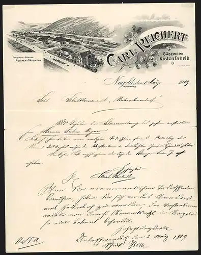 Rechnung Nagold 1909, Carl Reichert Sägewerk und Kistenfabrik, Totalansicht des Fabrikgeländes