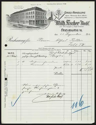 Rechnung Freiburg i. B. 1913, Wilh. Fischer Nachf. Gross-Handlung in Textilwaren und Taschentüchern, Ladenansicht