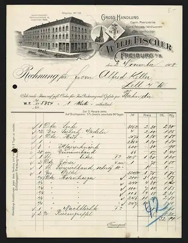 Rechnung Freiburg i. B. 1908, Wilh. Fischer Gross-Handlung in Textilwaren und Taschentüchern, Ladenansicht Merianstr. 16