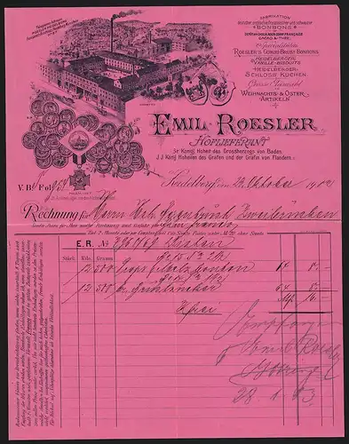 Rechnung Heidelberg 1902, Emil Roesler, Hoflieferant für Zucker- und Cacaowaren, Fabrikgelände und Medaillen
