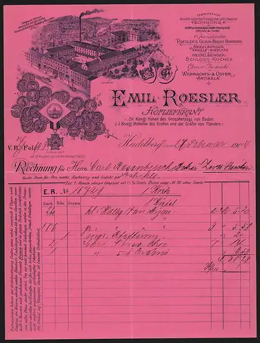Rechnung Heidelberg 1904, Emil Roesler, Hoflieferant für Zucker- und Cacaowaren, Fabrikgelände und Auszeichnungen