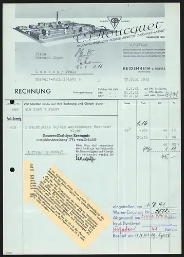 Rechnung Heidenheim a. Brenz 1941, C. F. Ploucquet Baumwoll-Webereien, Färberei, Fabrikgelände mit rauchendem Schlot
