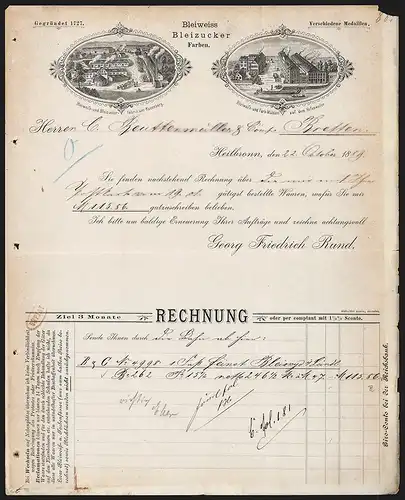 Rechnung Heilbronn 1889, G. F. Bund Bleiweiss, Bleizucker, Farben, Manufakturen am Rosenberg und dem Hefenweiler