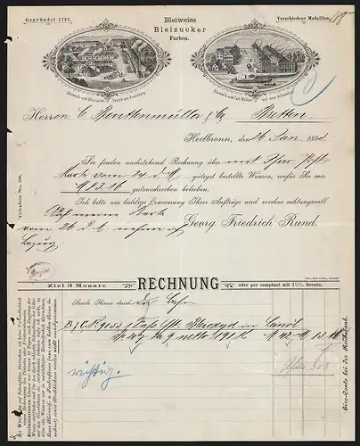 Rechnung Heilbronn 1893, G. F. Bund Bleiweiss, Bleizucker, Farben, Manufakturen am Rosenberg und dem Hefenweiler