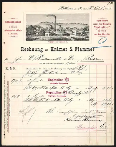 Rechnung Heilbronn a. N. 1891, Krämer & Flammer Fabrik techn. Oele und Fette, Mineralölimport, Werkgelände-Ansicht