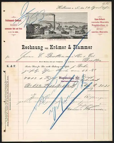 Rechnung Heilbronn a. N. 1890, Krämer & Flammer Fabrik techn. Oele und Fette, Mineralölimport, Werkgelände-Ansicht