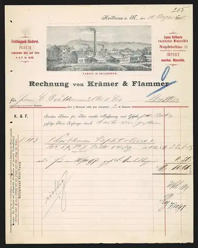 Rechnung Heilbronn a. N. 1898, Krämer & Flammer Fabrik techn. Oele und Fette, Mineralölimport, Werkgelände-Ansicht