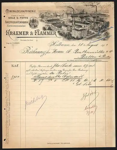 Rechnung Heilbronn 1903, Kraemer & Flammer Mineraloelraffinerie, Harzproduktenfabrik, Die Manufaktur aus der Vogelschau