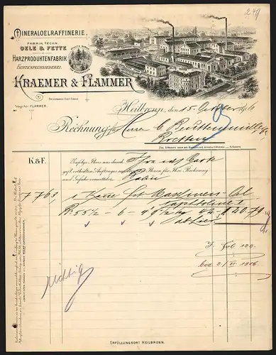 Rechnung Heilbronn 1906, Kraemer & Flammer Mineraloelraffinerie, Harzproduktenfabrik, Die Manufaktur aus der Vogelschau