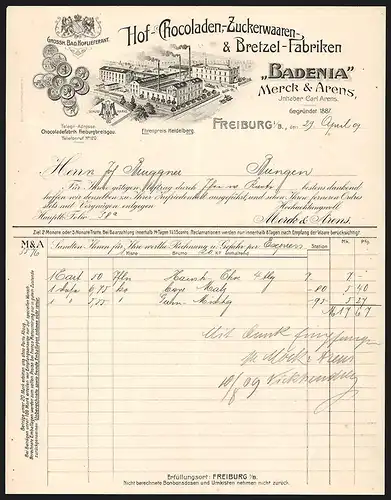 Rechnung Freiburg i. B. 1909, Badenia, Hof-Chocoladen-, Zuckerwaaren- und Brezel-Fabriken Merck & Arens, Werkansicht