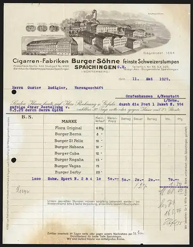Rechnung Spaichingen (Württemberg) 1929, Burger Söhne Cigarren-Fabriken, Werk Aargau, Filiale Spaichingen, Medaillen
