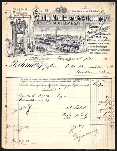 Rechnung Göppingen 1903, Württbg. Metallwarenfabrik Goeppingen, Blick auf das Fabrikgelände, Presse