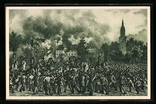 Künstler-AK Waldenburg, Arbeiter, Handwerker und Bauern stürmen das Schloss, 100 Jahre Revolution von 1848