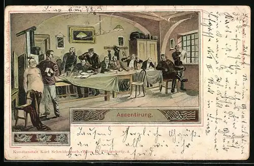 AK Gruss von der Musterung, Österreichische Soldaten bei der Assentierung