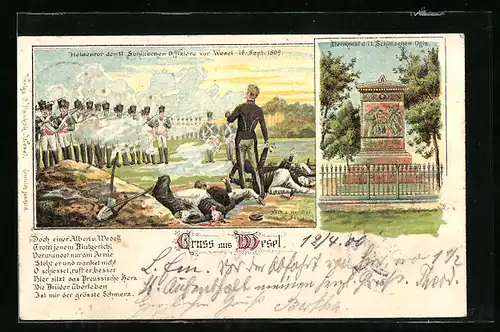 Lithographie Wesel / Rhein, Heldentod der 11 Schill`Schen Offiziere 1809, Denkmal