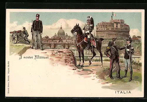 Lithographie Italienische Kavalleristen mit Artillerie